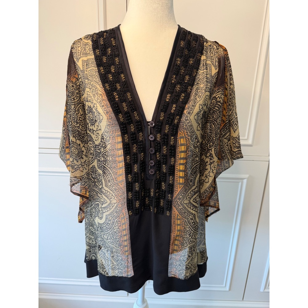 Etro Tunic Top Womens 44 Black Gold Paisley Silk Beaded V-Neck Excellent Italy